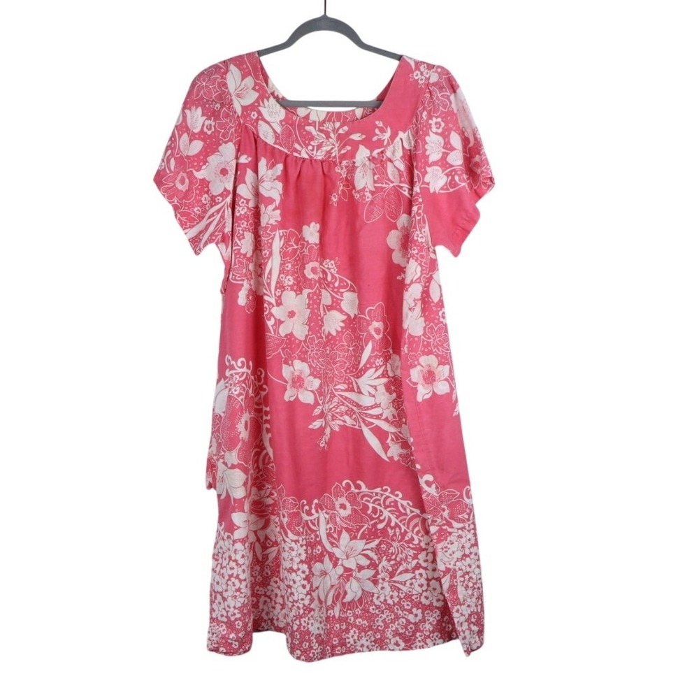 VTG Handmade Pink‎ Floral Muumuu Hawaiian Nightgown Short Sleeve Pocket L/XL